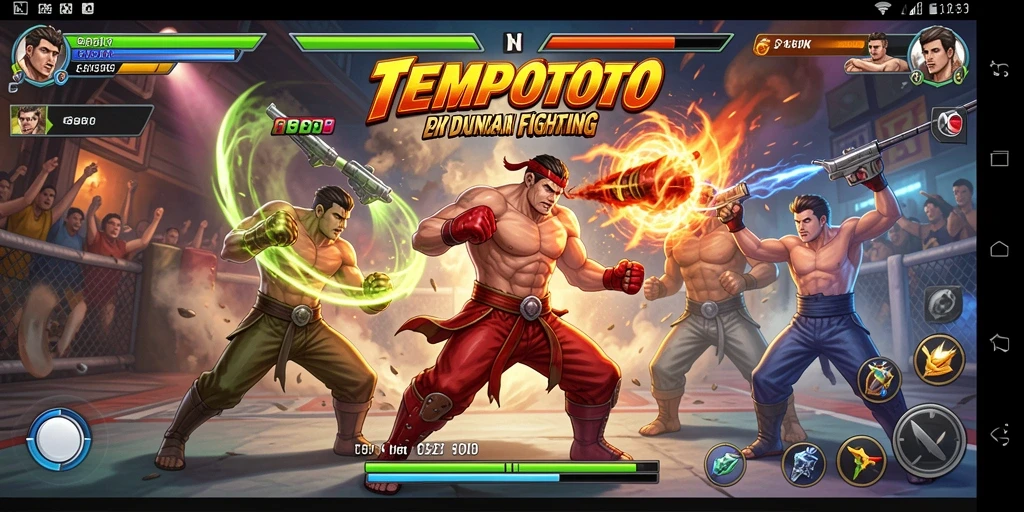 Gameplay TEMPOTOTO menampilkan pertarungan seru antar karakter.